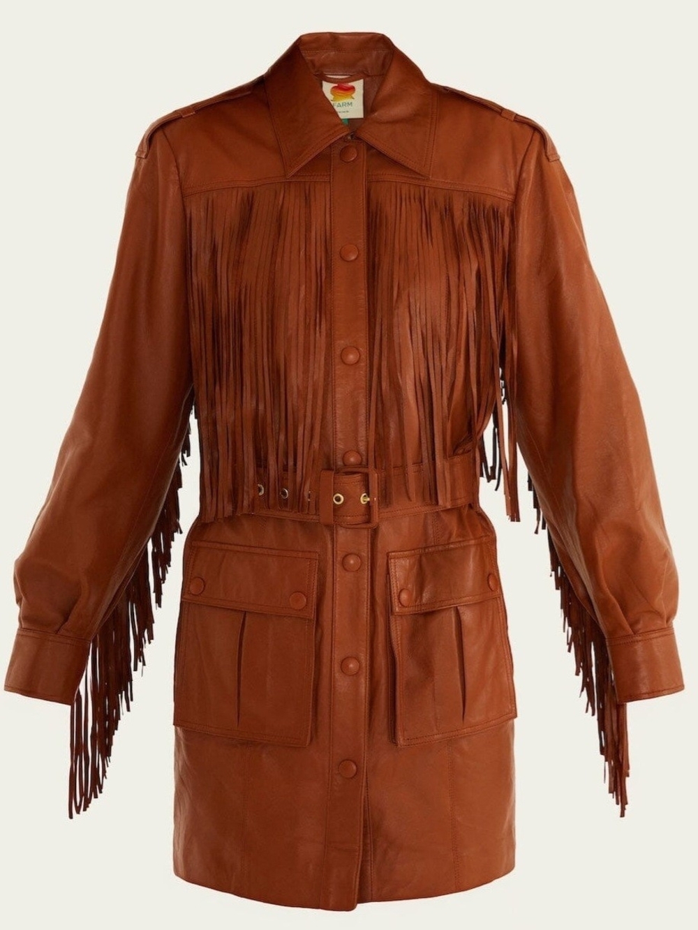 FARM Rio Brown Fringe Belted Leather Jacket Size S